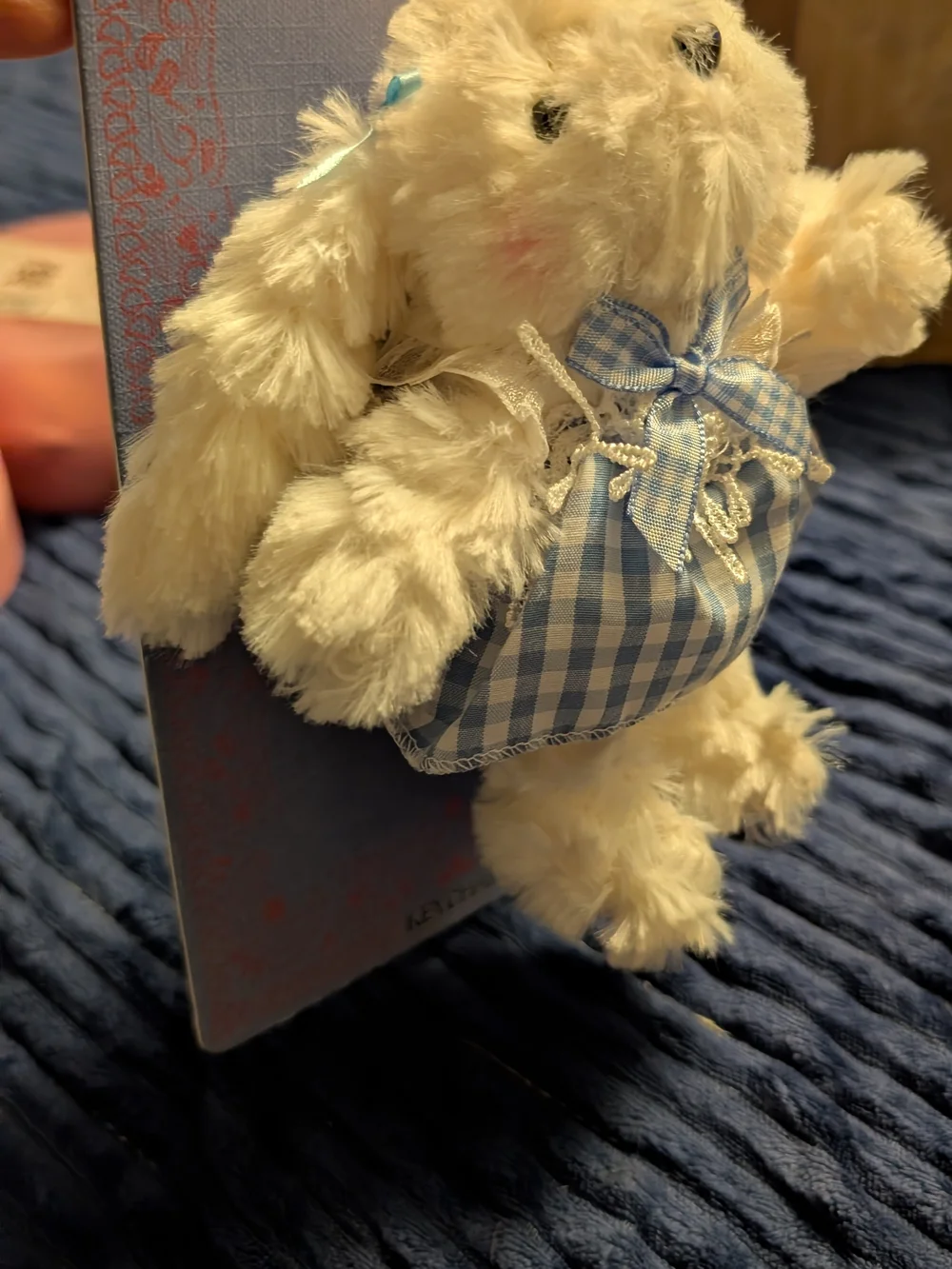 nOir  White Plush Bunny with Blue Gingham Dress